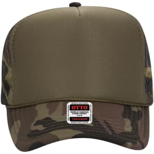 A high crown trucker cap featuring an olive green front and camouflage mesh sides, with a logo on the front.