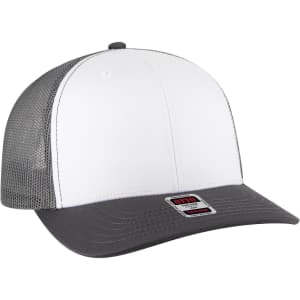 A mid-profile trucker cap featuring a grey peak and mesh in the back, with a white front panel and a logo.