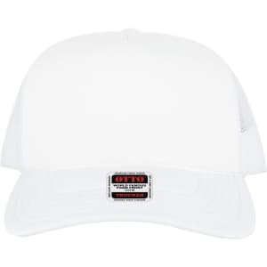 A white 5 Panel High Crown Trucker Cap with a mesh back and a logo on the front label.