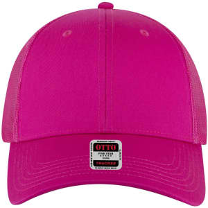 A pink 6-panel low profile trucker cap with mesh back and a logo on the front.