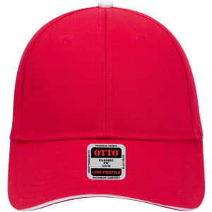A red 6-panel low profile baseball cap featuring a curved brim and a label on the front.