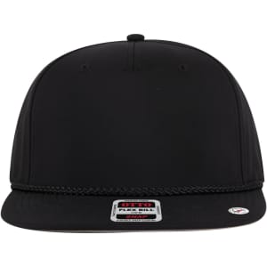 A black snapback cap with a flat visor and decorative stitching, featuring a logo on the front.