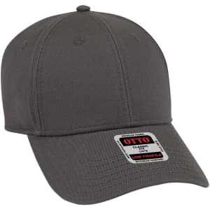 A grey low-profile baseball cap with a curved brim and a logo on the front.