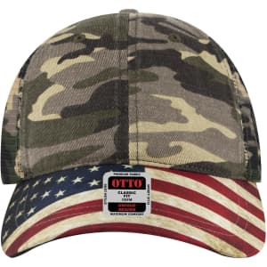 A camo-patterned cap with a low profile and a curved brim featuring an American flag design on the underside.