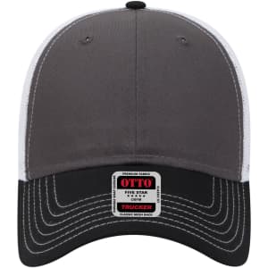 A grey and black 6 panel low profile trucker cap with a mesh back and a logo on the front.