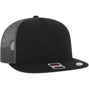 A black 5 Panel Pro Style Trucker Cap with a mesh back and a logo on the side.