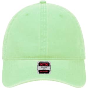 A light green 6 Panel Low Profile Dad Cap featuring a logo label at the front.