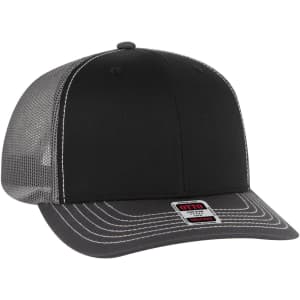 A black mid-profile trucker cap with a mesh back and contrasting grey stitching. It features a logo on the front.