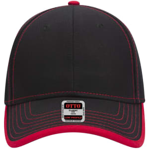 A black and red 6 panel low profile baseball cap with contrasting stitching and a logo on the label.