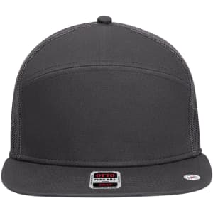 A grey 7 Panel Trucker Cap with a structured front and mesh sides, featuring a logo at the back.