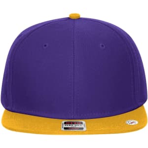 A purple snapback cap with a yellow brim and an adjustable strap, featuring a logo on the underside.