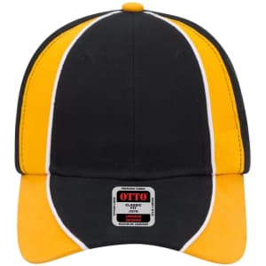 A black and yellow 6 panel low profile baseball cap with a logo and contrast stitching.