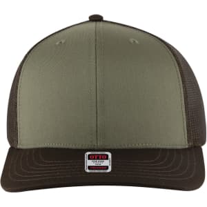 A mid-profile trucker cap in olive green with a brown visor and mesh sides, featuring a logo on the front.