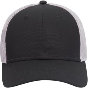 A black and grey 6 panel low profile trucker cap featuring a mesh back and a logo on the front.