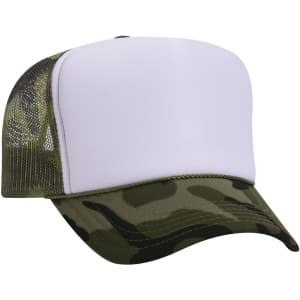A five-panel high crown trucker cap in camouflage with a plain white front and mesh side panels.