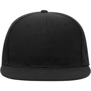 A black 6 panel mid-profile snapback cap with a plain design and no visible branding.