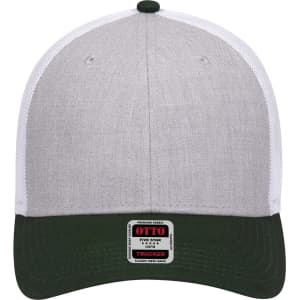 A grey and white 6 panel low profile trucker cap with a dark green brim and a logo on the front.