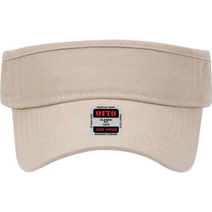 A beige sun visor with a wide brim and a logo on the front. The fabric appears durable and premium.