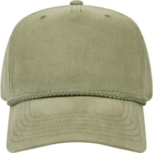 A green 5-panel mid-profile baseball cap with a braided design along the front. It features a logo.