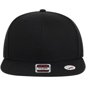A fitted black cap with a flat brim and a logo on the side.