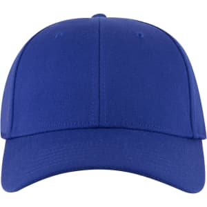 A blue six-panel low profile baseball cap with a solid design and a logo on the front.