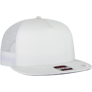 A white 5 panel pro style trucker cap featuring a mesh back and a branded logo on the front.