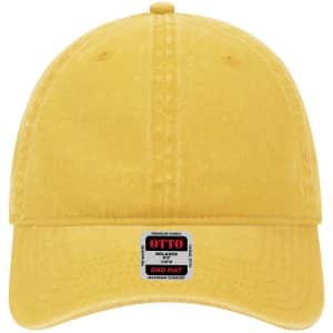 A yellow 6 panel low profile dad cap with a curved visor and a branding label on the front.