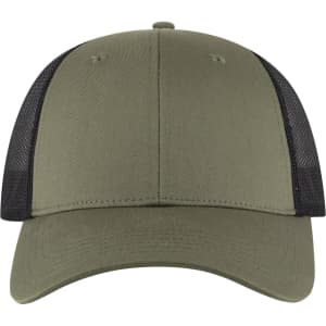 A low-profile trucker cap in olive green with a black mesh back and a curved brim. It features a logo on the front.