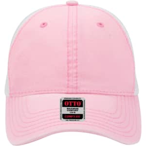 A pink and white low profile trucker cap with a six-panel design and a logo on the front.