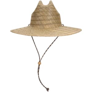 A straw lifeguard hat in natural tones with a wide brim and adjustable cord. It includes a logo on the side.