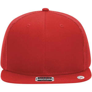 A red 6 panel mid profile trucker cap featuring a mesh design and a logo on the front.