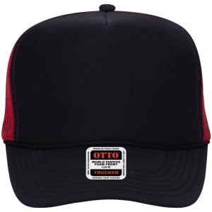 A high crown trucker cap featuring a black front and red mesh sides, complete with a logo and snap closure.