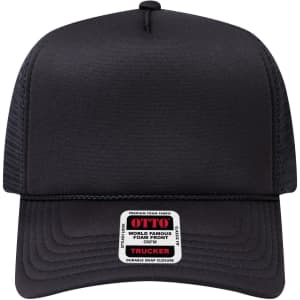 A black 5 panel high crown mesh back trucker hat with a logo on the front and a snap closure at the back.