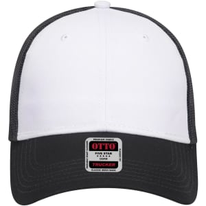 A white and black 6 panel low profile trucker cap with a mesh back and a logo on the front.