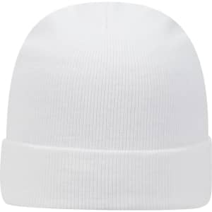 A white knit beanie with a rolled cuff and a simple design, featuring a logo on the side.