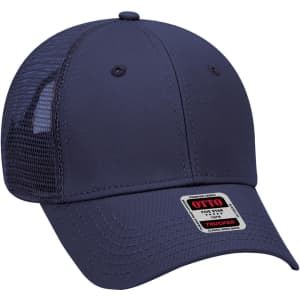 A navy blue 6 panel low profile trucker cap with mesh backing and a branded label on the front.