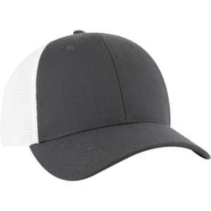 A grey and white low profile trucker cap featuring a six-panel design and a logo on the front.