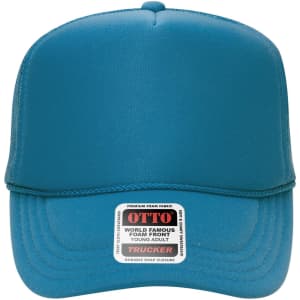 A youth-sized high crown trucker cap in teal, featuring a foam front and a logo on the label.