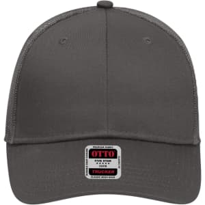 A low profile trucker cap in grey with a mesh back and a branded label on the front.
