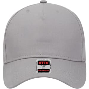 A grey 5-panel low profile baseball cap with a logo tag on the front.