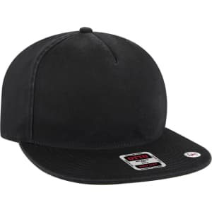 A black five-panel low profile dad cap featuring a branded logo on the front and a flat visor.