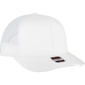 A white mid-profile trucker cap with a solid front and mesh back, featuring a logo on the label.