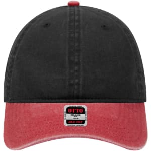 A black and red 6 Panel Low Profile Dad Cap featuring a branded label on the front.