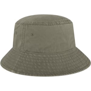 A green bucket hat with a wide brim and stitched detailing. The hat features ventilation holes and a logo.