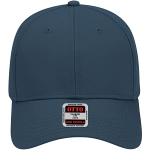 A navy blue 6-panel low profile baseball cap featuring a logo on the front and a curved peak.