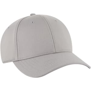 A grey six-panel low profile baseball cap with a soft fabric and a logo on the front.
