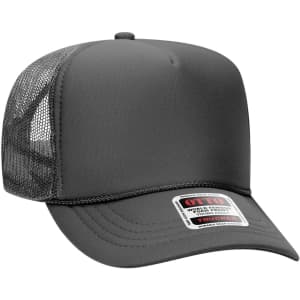 A black 5-panel high crown trucker cap featuring mesh panels and a logo on the front.