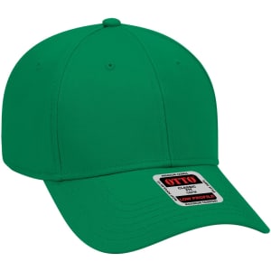 A green 6 panel low profile baseball cap with a curved brim and a logo on the side.