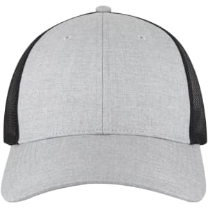 A grey 6 panel low profile trucker cap with black mesh sides and a rounded brim. Features a logo on the front.