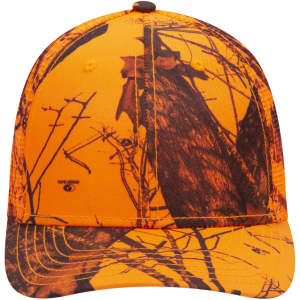 A Camo 6 Panel Low Profile Baseball Cap in bright orange camouflage pattern with a logo featured.